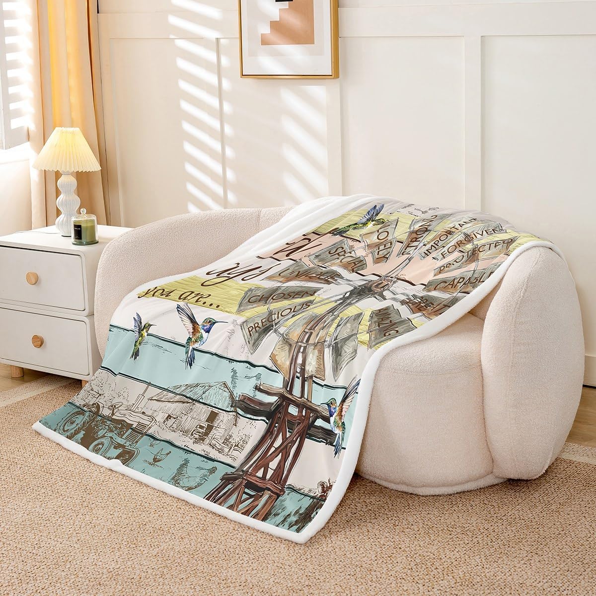 Windmill Sherpa Blanket Queen Size, Rustic Farmhouse Throw Blanket Hummingbird Rooster Cow Farm Animal Fleece Blanket Wooden Board Vintage Country Western Plush Bed Blanket Windmill Bedroom Decor