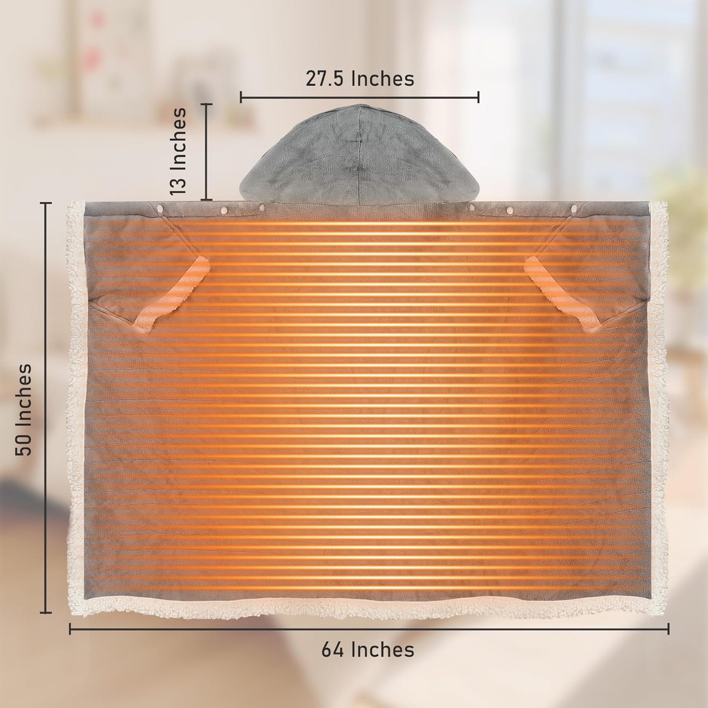 Heated Blanket Wearable Shawl - Electric Wrap Poncho Heated Throw Blanket with Hand Pockets, 50 * 64", 6 Heating Levels & 1-4H Timer, Ideal for Family, Light Grey
