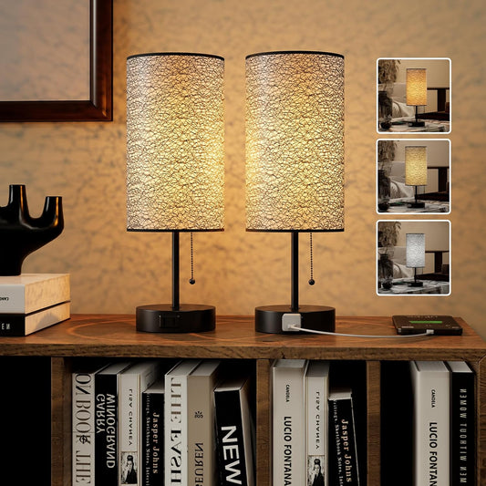 Table Lamp for Bedroom,Nightstand Lamp for Bedside with AC Outlets,Adjustable 3color LED Light Desk Lamp for Home Decor,Included Bulb and Lamp Shade (Black-OnlyAC, 2PCS)