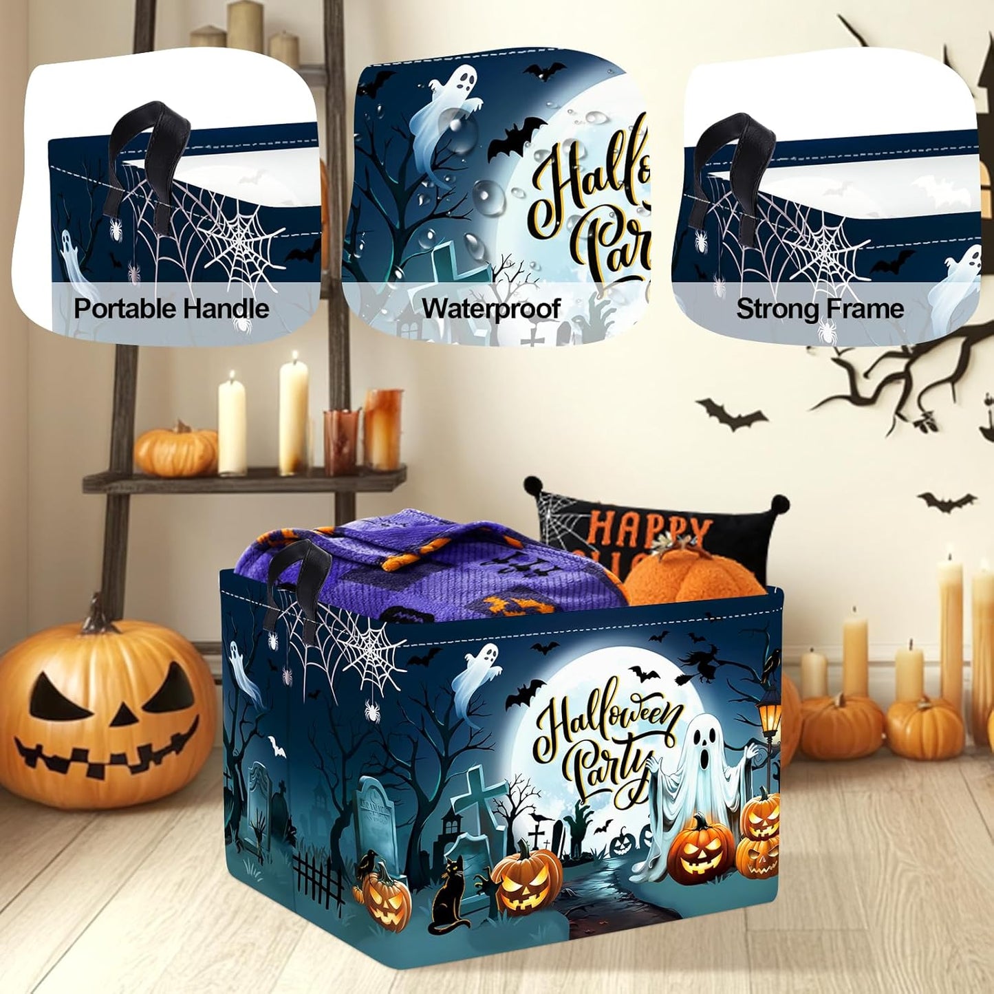 Halloween Baby Storage Basket Ghost Bat Pumpkin Collapsible Clothes Kids Laundry Hamper Large Boys Girls Gift Toy Box Bin for Nursery Room,Graveyard,40*30*30 cm