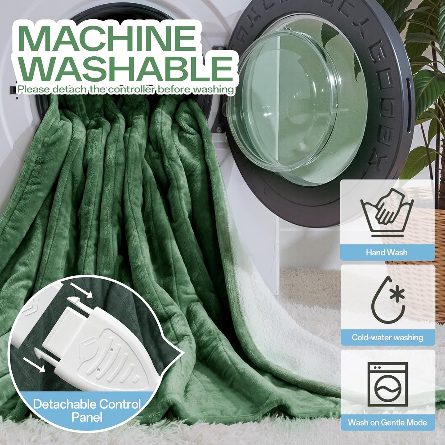 Electric Heated Blanket King Size, Dual Control Fast Heating Sherpa Blanket, 8 Heating Levels & 10 Hours Auto Off, Machine Washable with ETL & FCC Certified, Green
