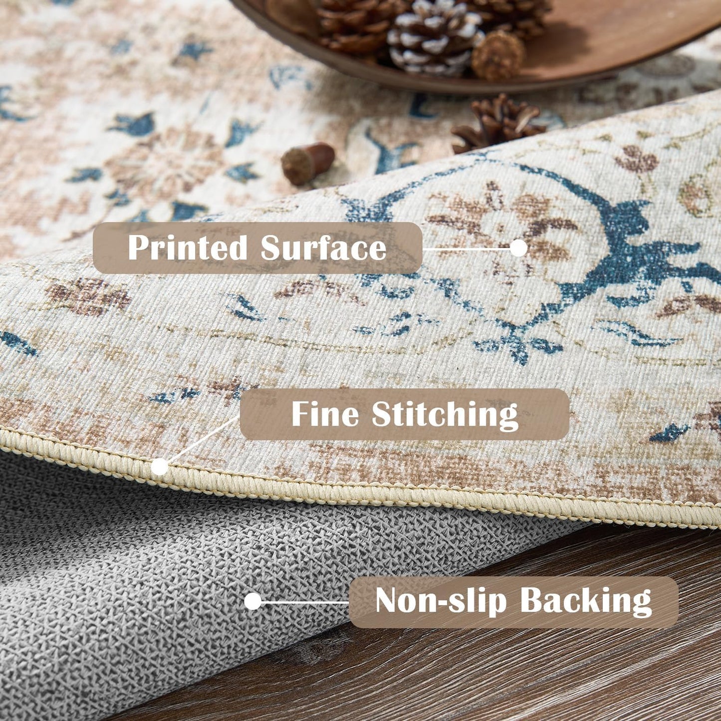 jinchan Round Rug 4ft Area Rug - Washable Boho Vintage Floral Circle 4' Round Floor Cover Lightweight Low Pile Thin Throw Non-Slip Carpet for Kitchen Living Room Bedroom Dining Room Office Pink Blush