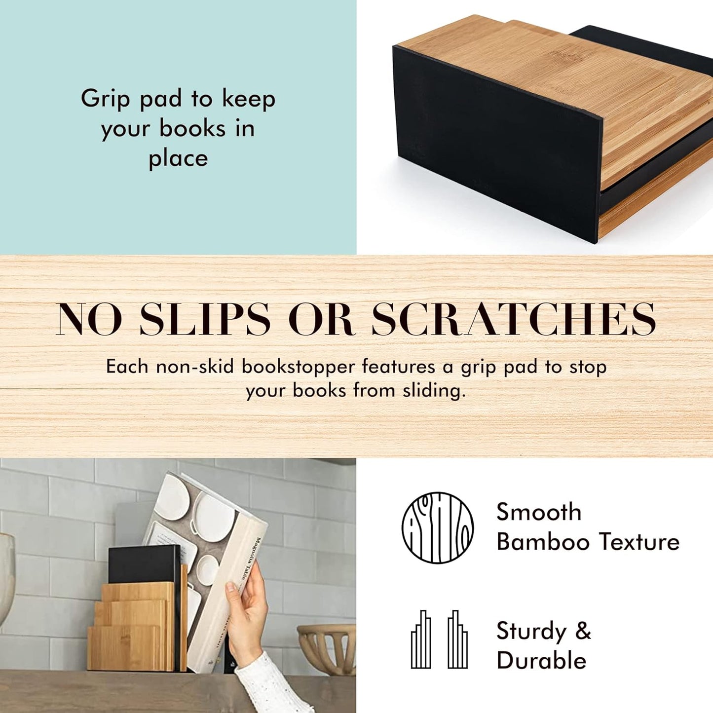 JUSK DESIGN Bamboo Book End/Book Organizer - Non-Skid Decorative Bookends for Office and Home - Book Holders for Shelves - Substantial Weight - Holds Heavy Books