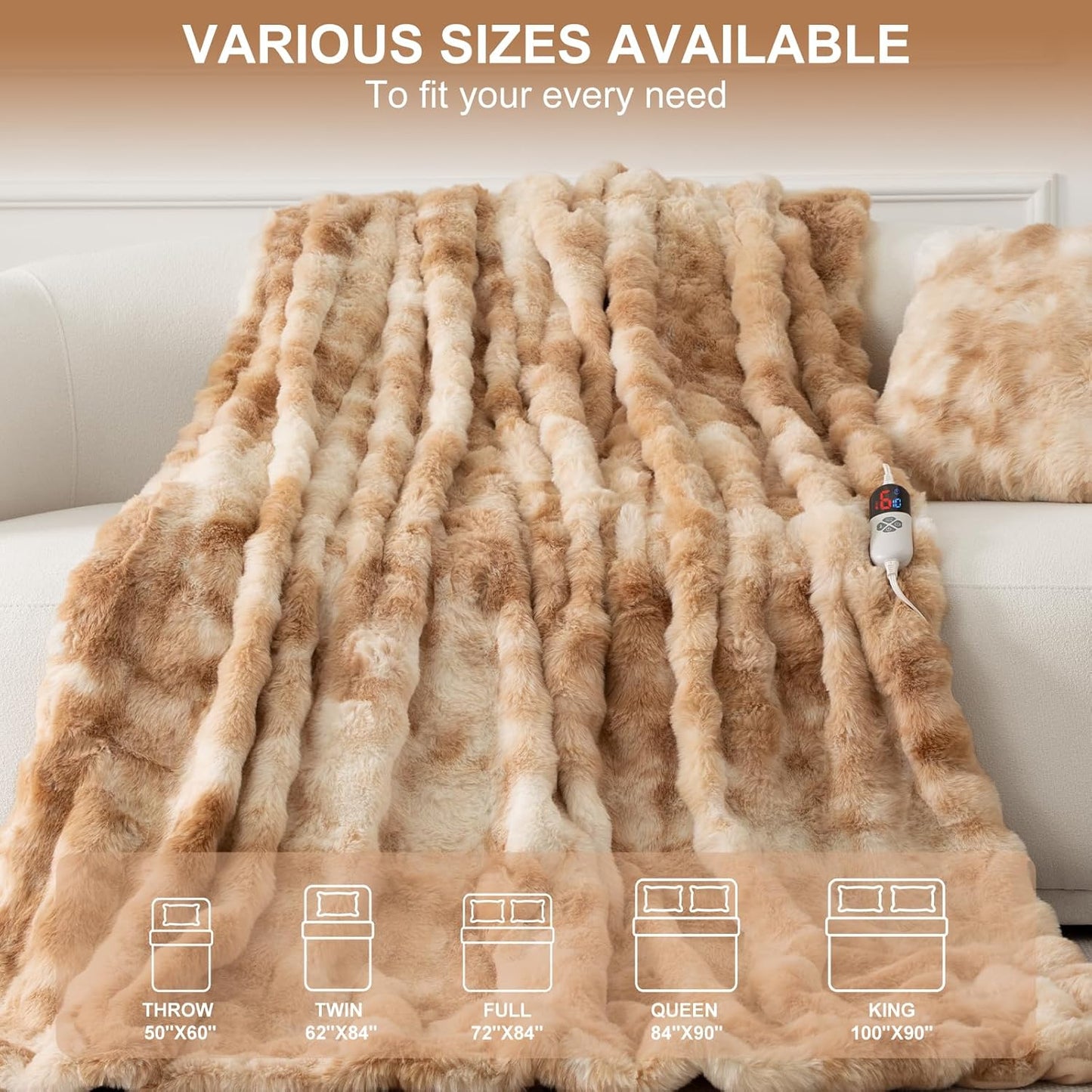 Faux Fur Heated Throw Blanket for Couch - 50"X60" Bubble Faux Fur Electric Blanket Fluffy Fuzzy Soft Thick with 6 Fast Heating Levels & 4 hrs Timer Settings, Washable & ETL Certified, Tie-Dye Beige