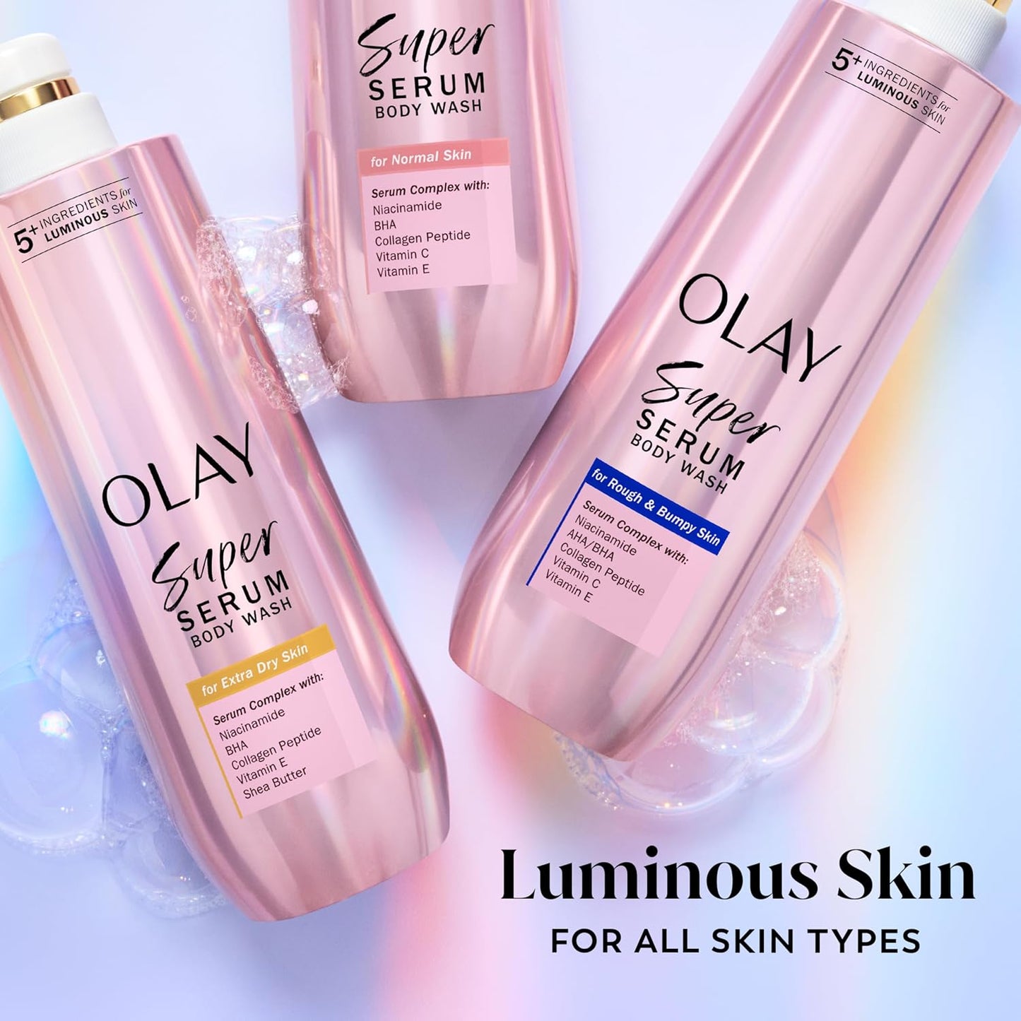 Olay Super Serum Body Wash for Extra Dry Skin, 24hr Long Lasting Hydration, 5+ Ingredient Complex for Bright Even Firm Luminous Skin, with Vitamin E, and Shea Butter 18.5 Fl Oz