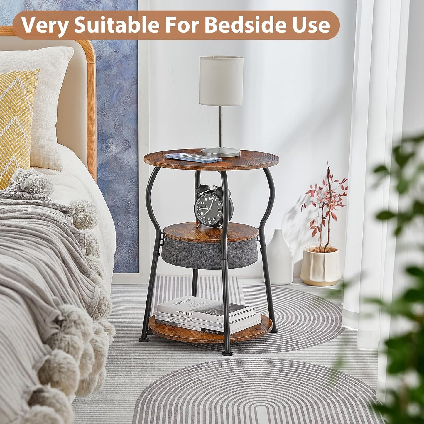 Small Round Side Table with Storage Bag, 3-Tier Accent Round End Table with Storage Shelves for Living Room, 21.6" H Vintage Small Corner Table for Smalls Spaces (D - 15.8 in Rustic Brown)