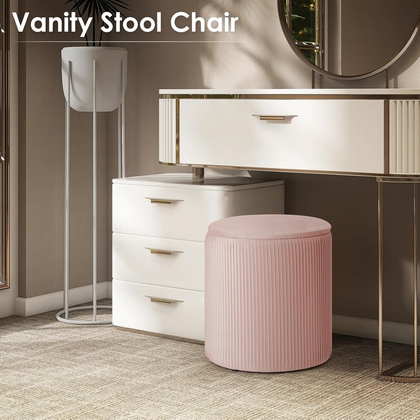 Ottoman with Storage, 2 Set Round Velvet Vanity Stool, Storage Ottoman for Bedroom Living Room, Modern Multifunctional Coffee Table Foot Stool for Dorm (Pink)