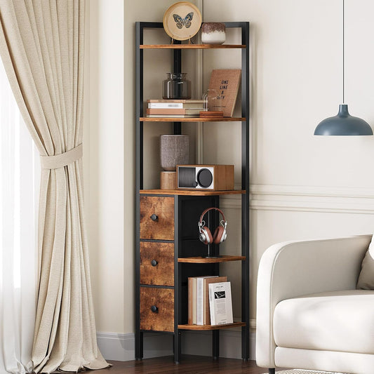 Corner Shelf Stand, 5-Tier Corner Bookshelf with 3 Drawers, Industrial Display Shelf for Narrow Spaces, Wooden Small Bookcase, Easy Assembly, Rustic Brown and Black CJ10BR