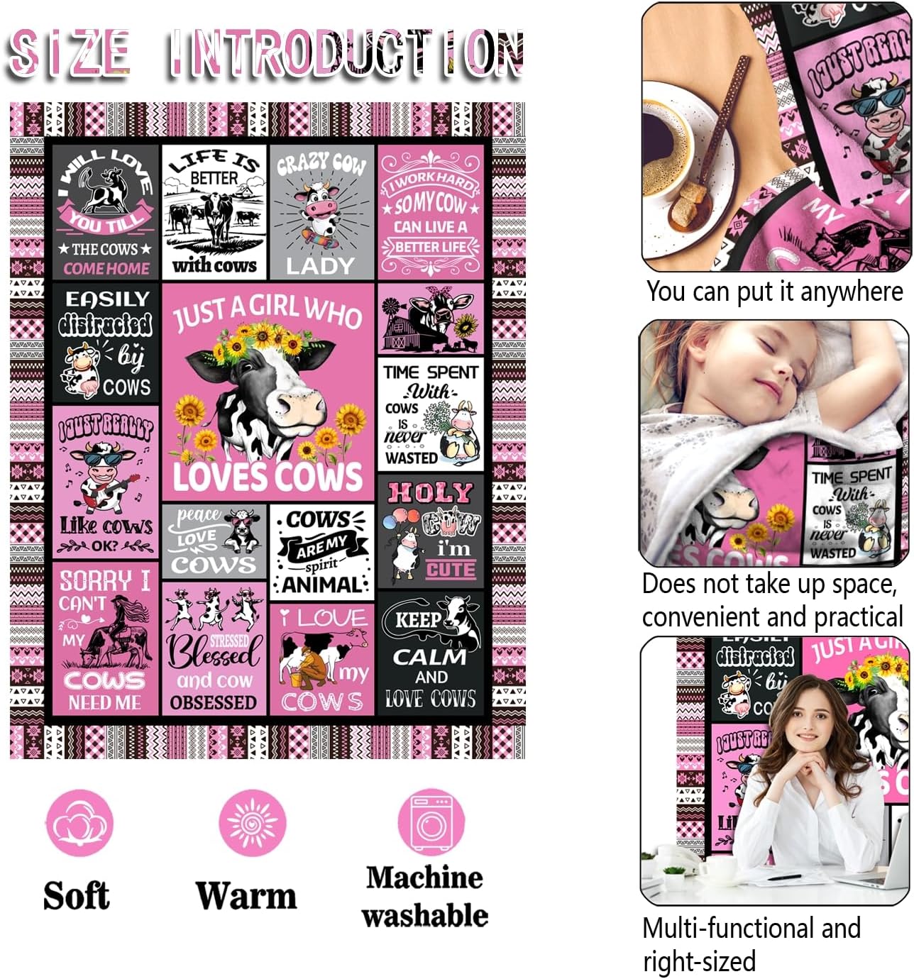 Cow Blanket, Soft Flannel Cow Throw Blanket, Cows Gifts for Cows Lovers, Sofa Couch Bed Decor, 50"X40"