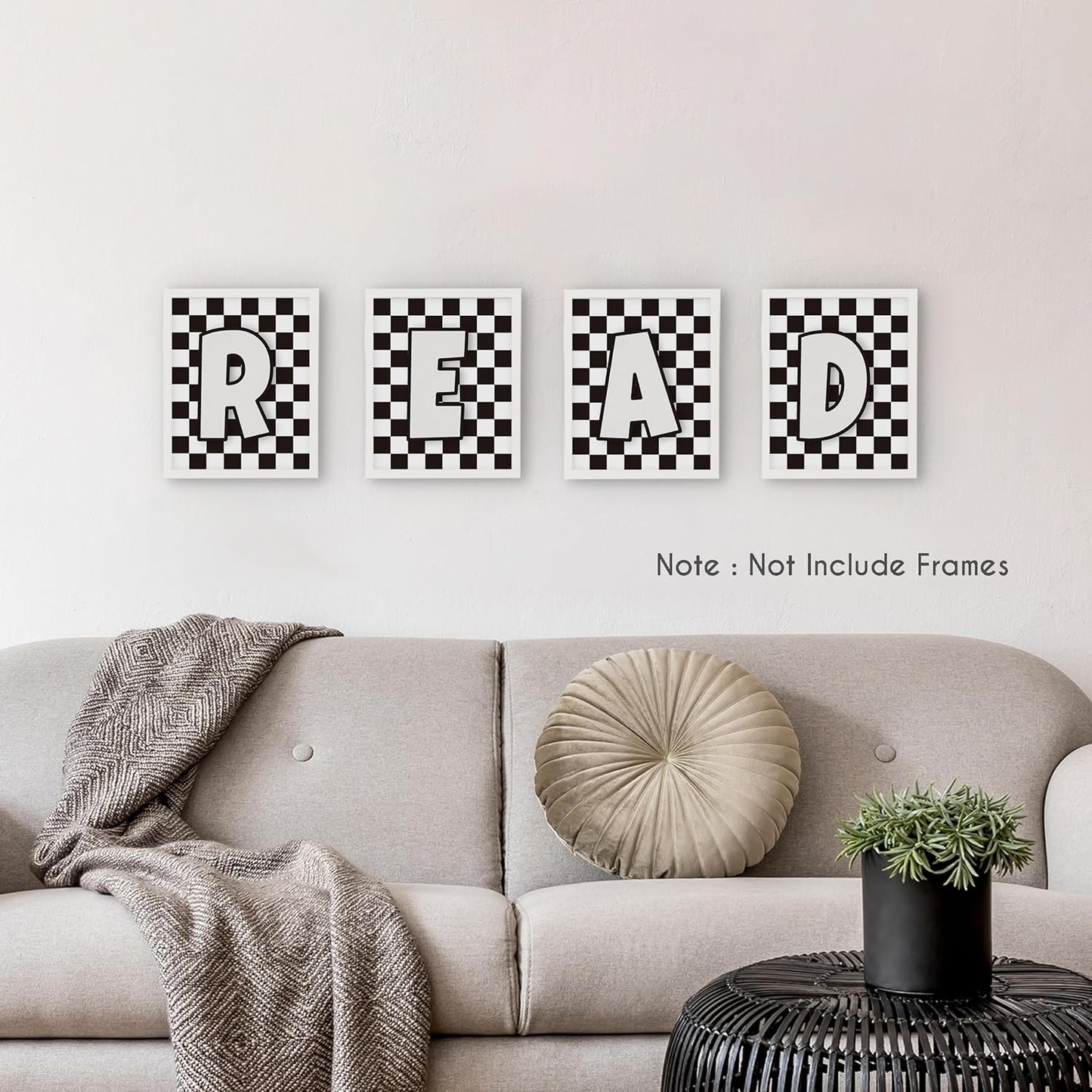 HRQKO Read Checkered Wall Art Poster Prints Set of 4, Reading Corner Decor, Black and White Reading Artwork Printing Posters Wall Decor, Read Sign Prints for Kids Boys Room Playroom 8”x10” Unframed