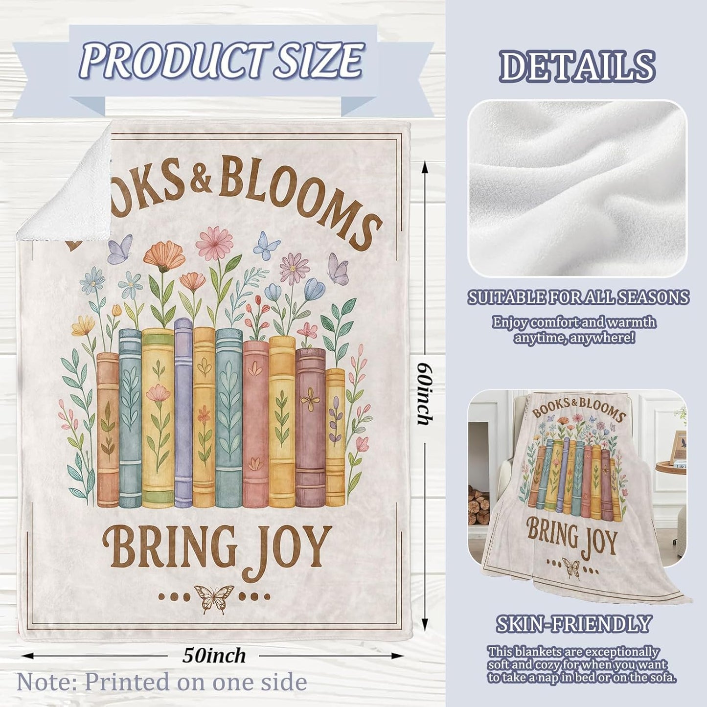 Charming Book Blanket, Floral Reading Theme 60 x 50 Inch Flannel Throw Blanket, Gifts for Women Kids, Lightweight Cozy Warm Blankets for Sofa Travel Home Decor