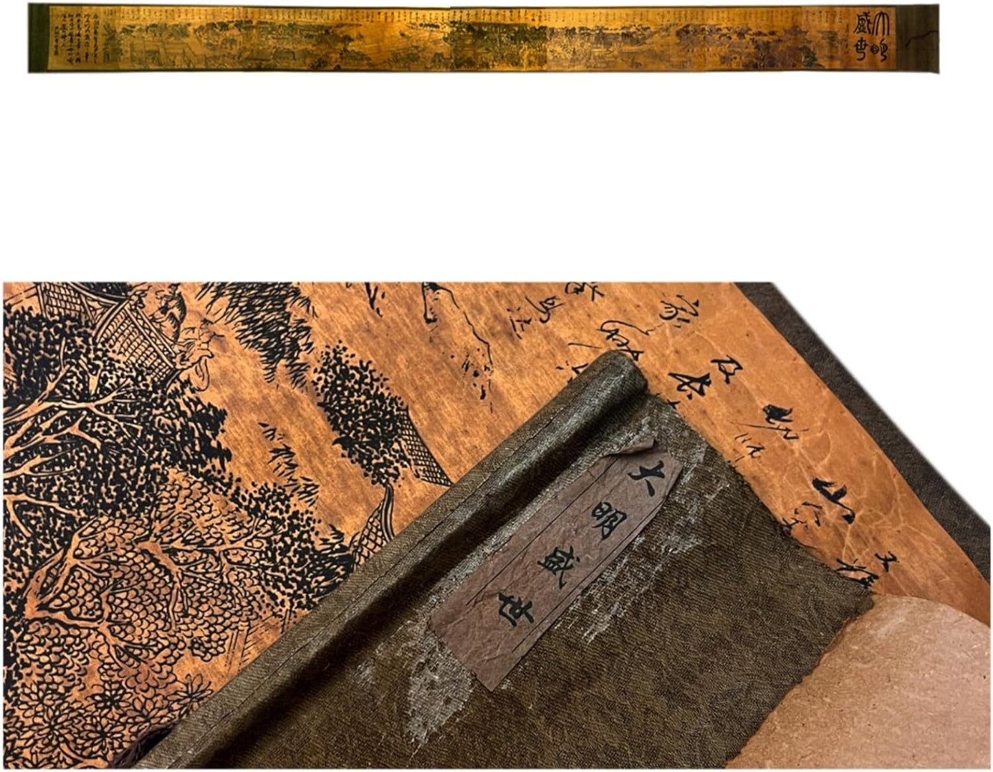 Handscroll Painting Super Long Poster Prints for Wall Decor,Japanese Chinese Emakimono Style Scroll artwork,Reproduction Woven Paper Oriental Library (11 x 161 inches) (Brown Architecture)