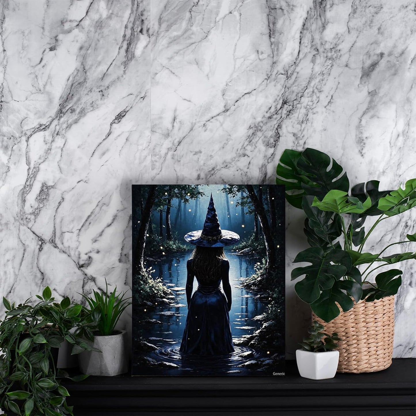 Witch in the Firefly Forest Lake Halloween Canvas Wall Art Vintage Poster Spooky Horror Decor Autumn Dark Art Print for Gothic Living Room Bedroom Decor 8x10inch Frame