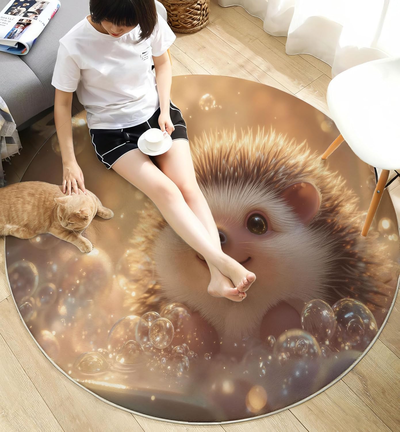 Modern Round Area Rug for Living Room, 6Ft Washable Round Rug Beige Yellow Cute Sunny Hedgehog Circle Rugs for Dining Room Table, Fun Animal Bathtub Small Circular Floor Carpet for Bedroom