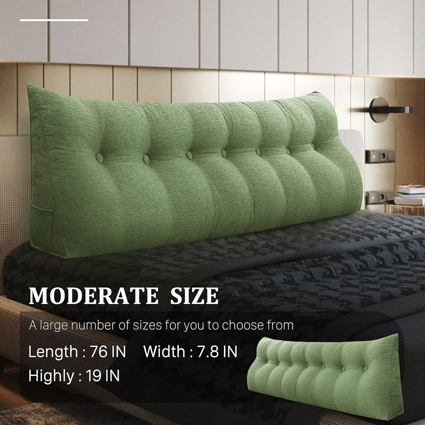 14 lbs Thickened Headboard Pillow Wedge Pillow Headboard Reading Pillow Bed for Backrest Reading Triangular Pillow with Side Pocket for Sitting in Bed Cotton Linen Green King