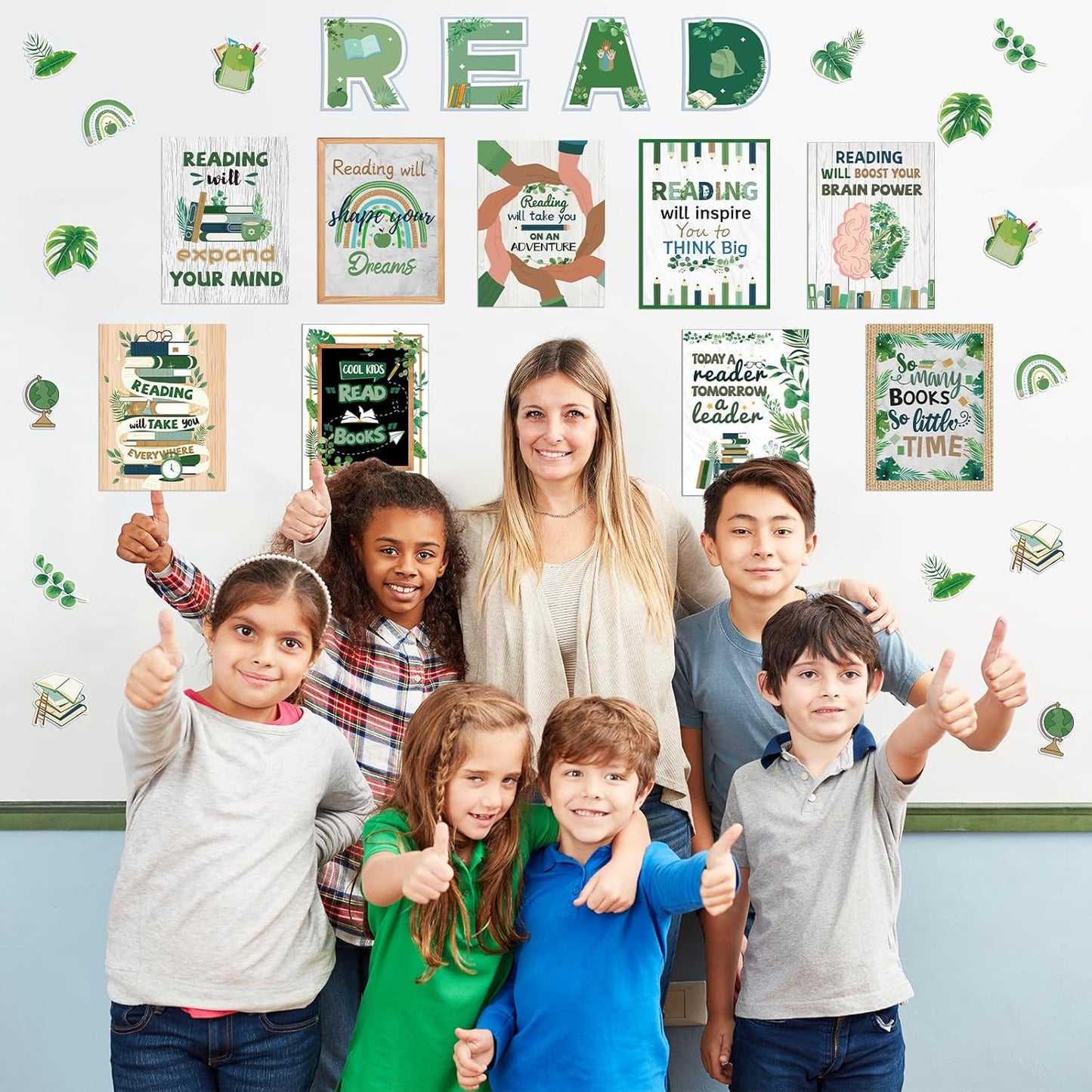 45 PCS Reading Bulletin Board Sets Eucalyptus Classroom Decor Bulletin Board Poster Greenery Classroom Decor for School Classroom Office Home Nursery Library