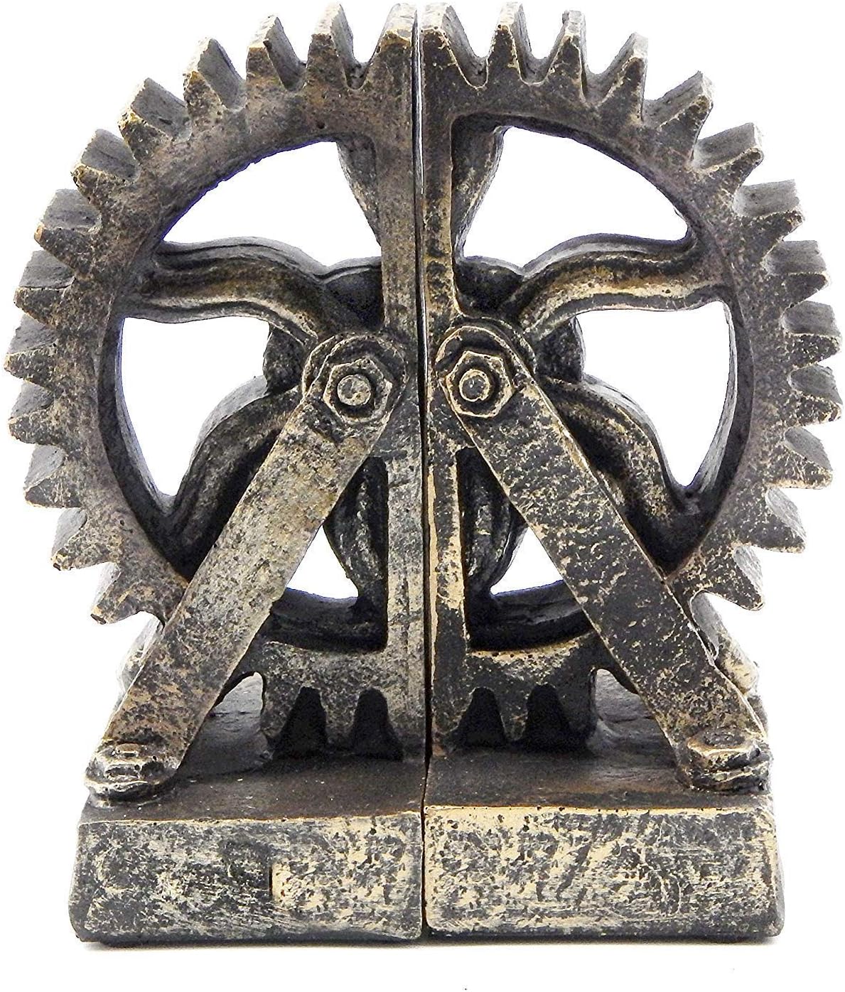 Bellaa 25662 Decorative Bookend Gear Book Ends Industrial Science Rustic Vintage Unique Heavy Steampunk Statues Bookshelves Stopper Support Home Decor Accents