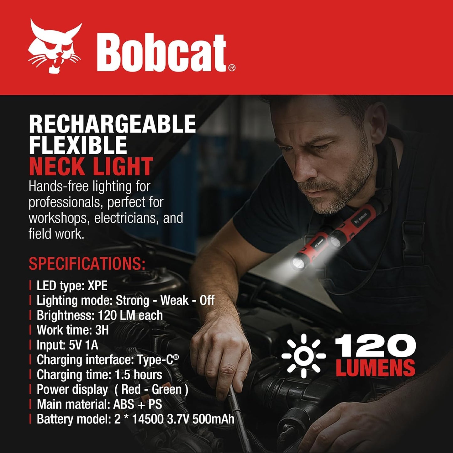 CJ TECH Bobcat Rechargeable Neck Light for Reading, Crafts, and Work – Flexible LED Reading Light Around Neck with 3 Modes, Magnetic Base, Type-C Charging – LED Hand Free Work Light