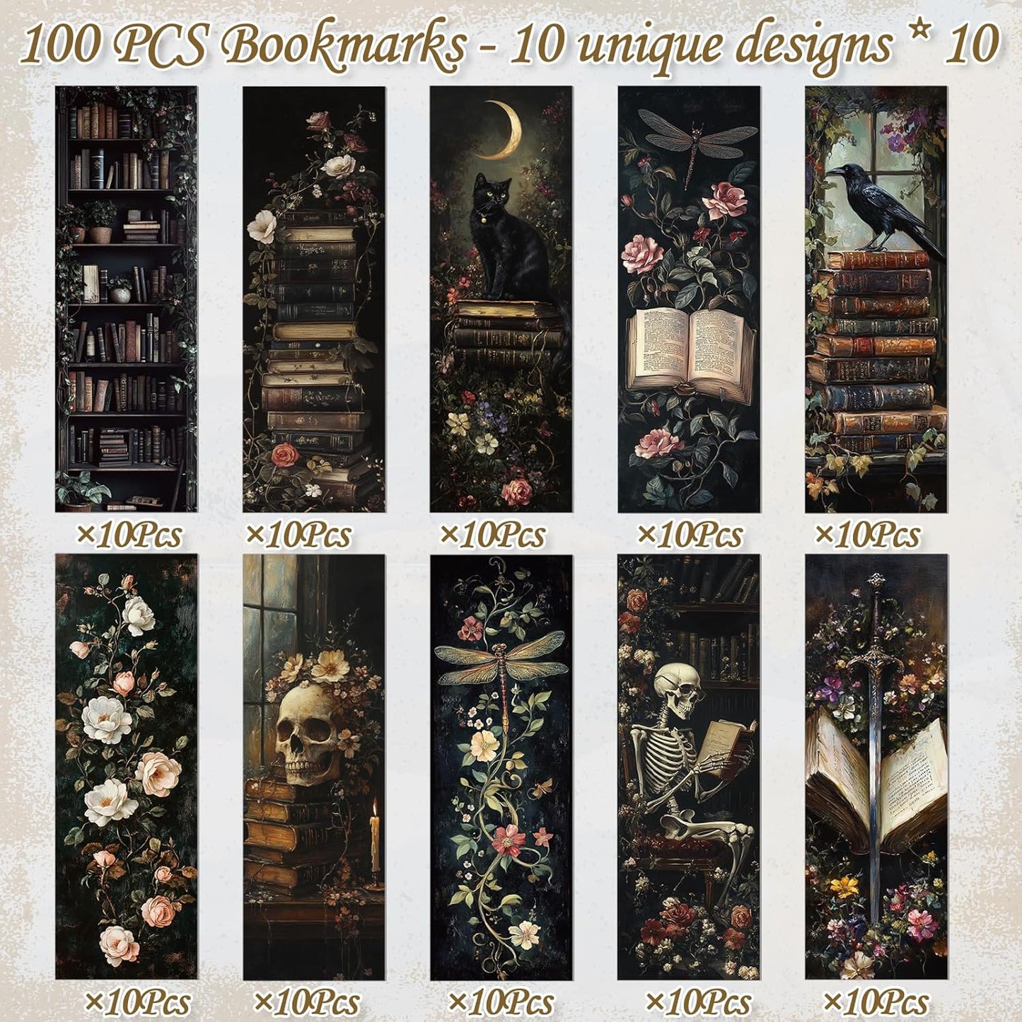 Dark Academia Bookmarks for Women - 100 Pcs Gothic Flower Book Mark Retro Aesthetic Bookmark Skull Dragonfly Plants Page Marker Clip Gift for Book Lovers Students Teachers Bookish Reading