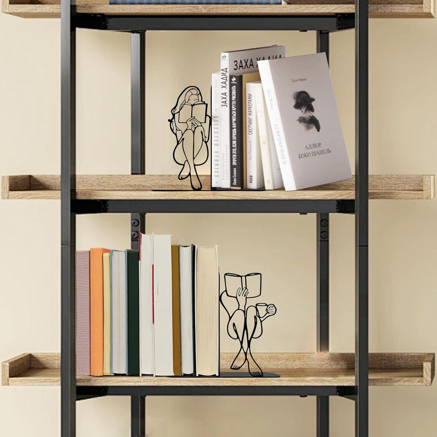 Reading Bookends Decorative for Shelves - Girl Reading Statue Bookends, Metal Black Book Ends Decor for Heavy Books, Novelty Bookish Decor for Home Library, Book Lovers Gift for Women & Students