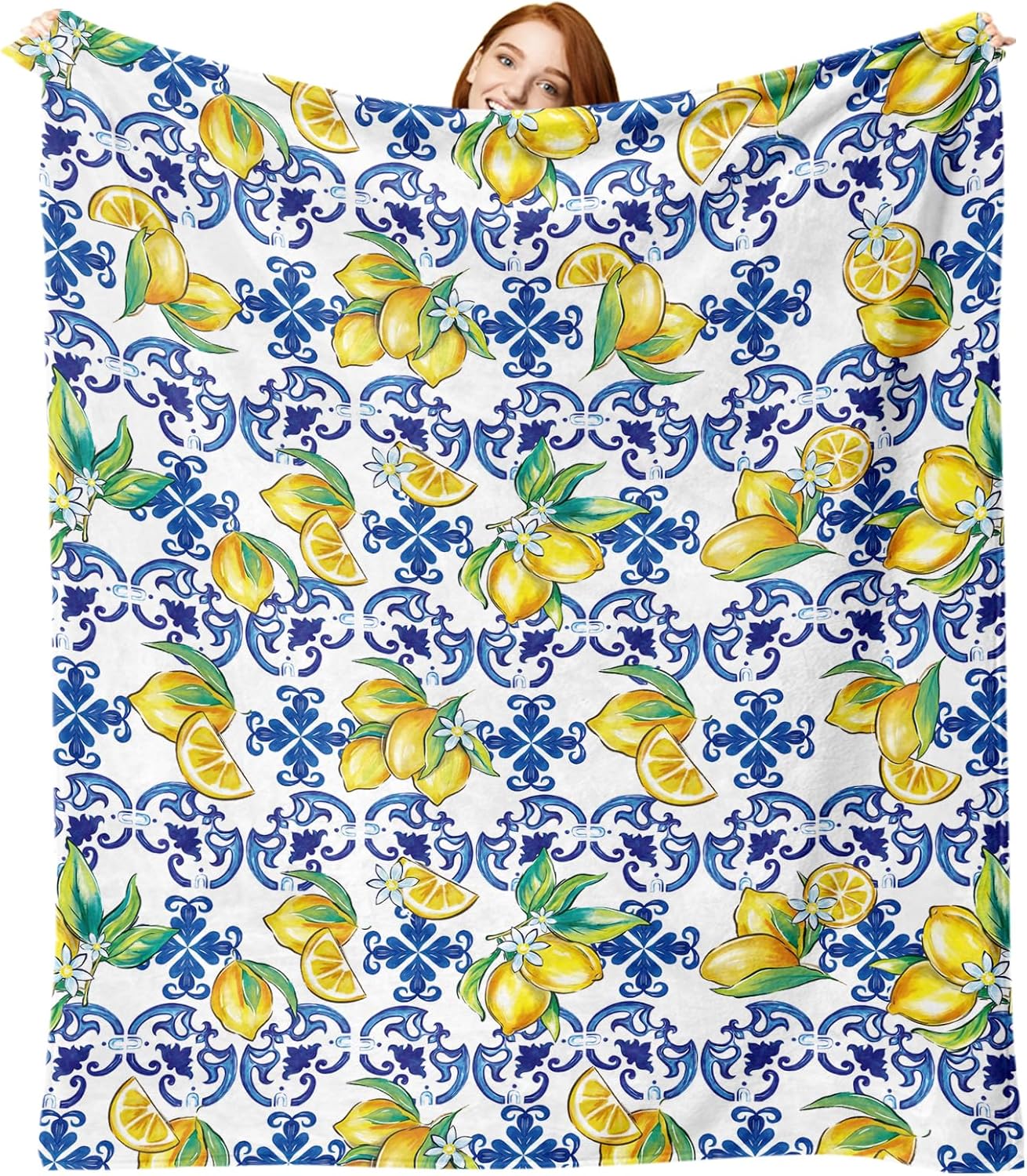 Blue Lemon Italy Flannel Throw Blanket, Amalfi Coast Capri Citrus Fruit Gifts for Kids Men Women, Summer Mediterranean Soft Blankets for Bedding Sofa 50" x 60"