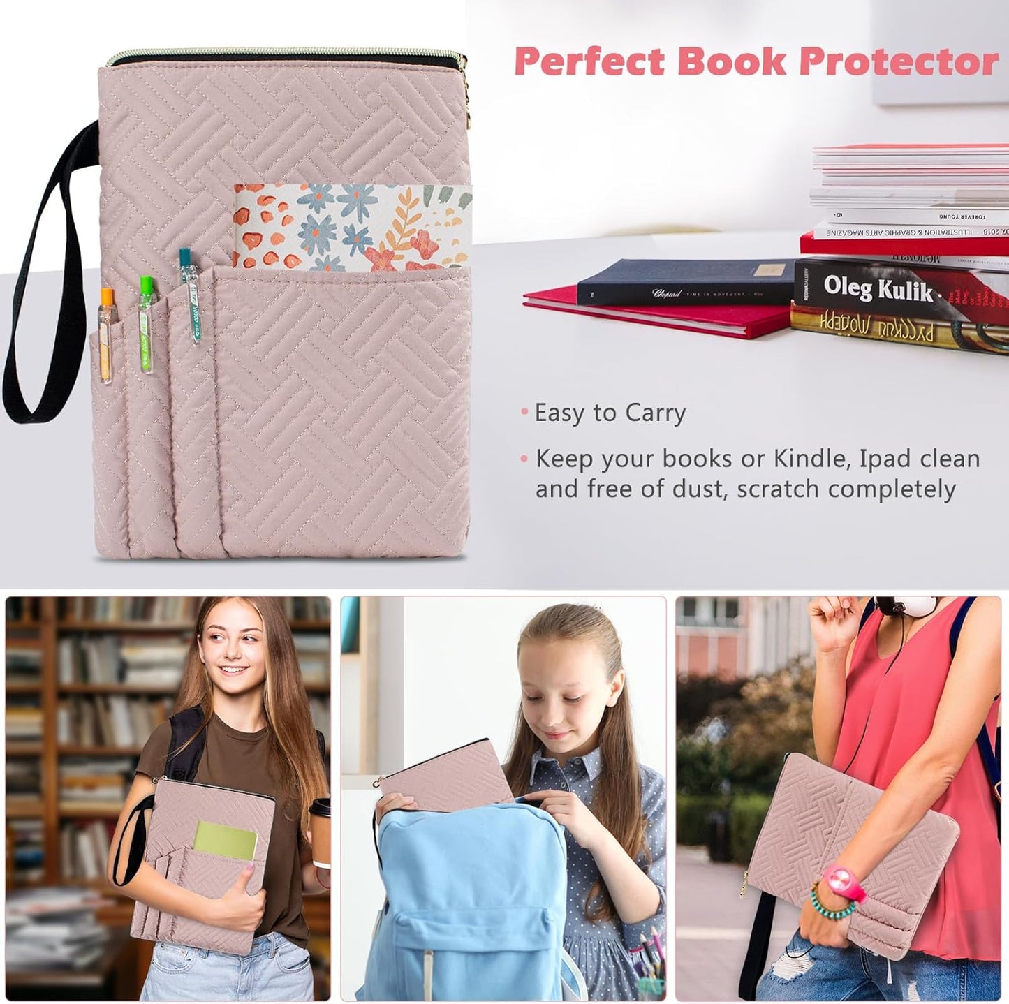 Book Sleeve with Zipper, 11"X9" Padded Book Protector, Washable Quilted Book Covers for Paperbacks, Book Pouch with Pockets for Book Lover Gifts