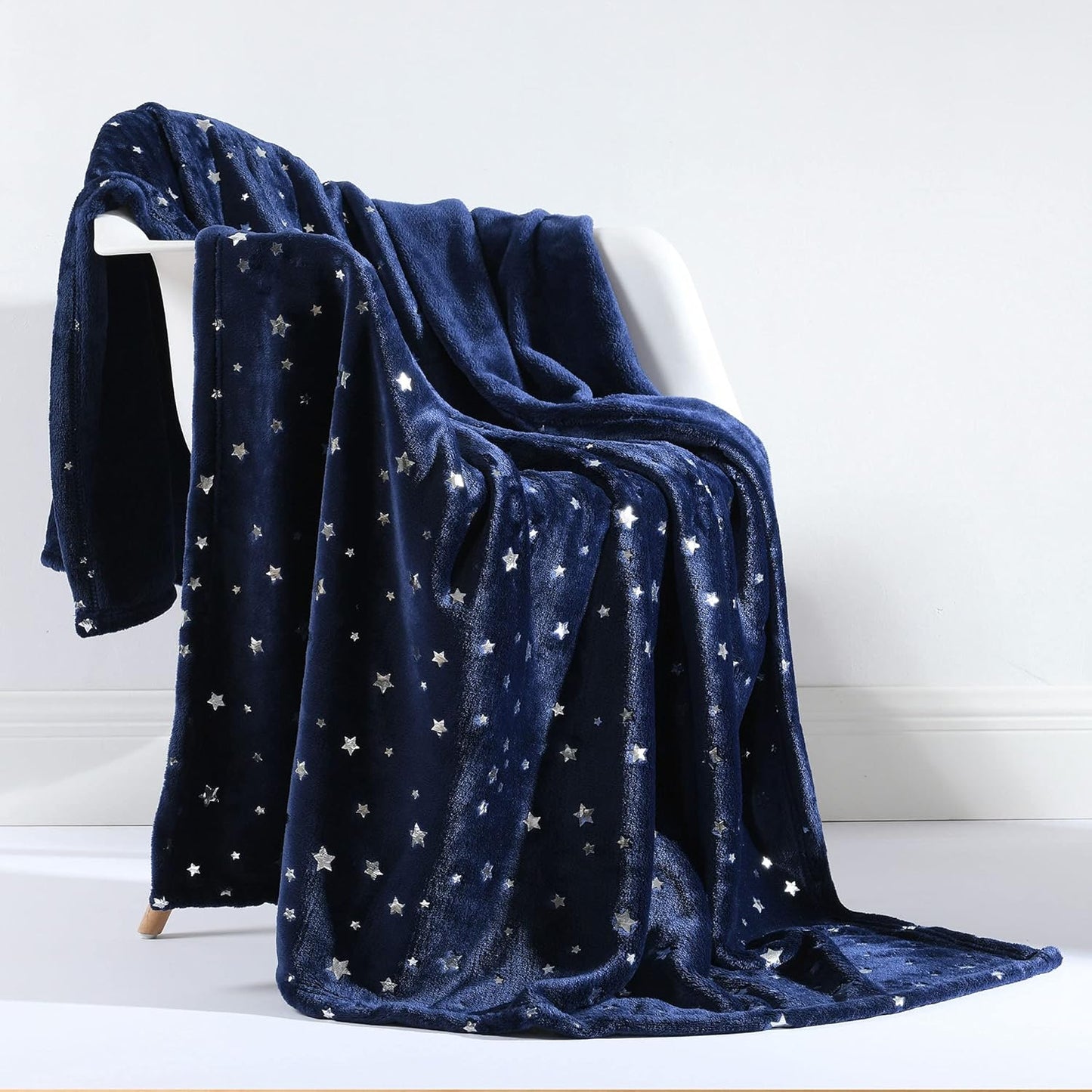 NANPIPER Fleece Blankets King Size Star Foil Print,Luxury Cozy Microfiber Blanket,Super Soft Flannel Fuzzy Blanket,Navy Blue