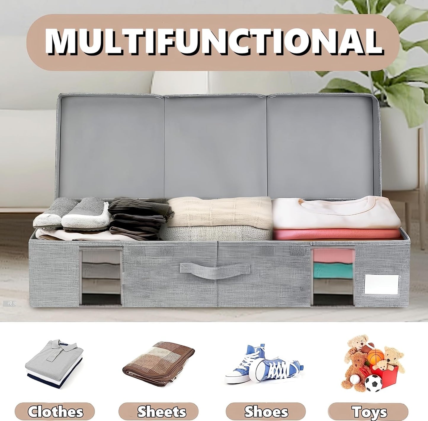 Under the Bed Storage Containers Bin with Lids, 2 pack Large Underbed Storage Organizer Box 6 Inch High with Clear Window and Zipper, Foldable Under Bed Must Haves for Clothes, Blankets, Shoes-Grey…