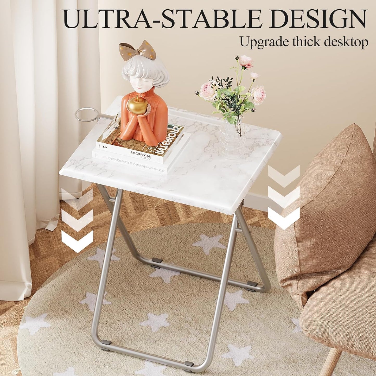 TV Tray Table,Folding Table with Cup Holder Portable,Foldable Snack Tray for Eating,Small Folding Tables Set of 2,Dinner Tables for Couch, Living Room,Small Space (White Marble,2Pcs)