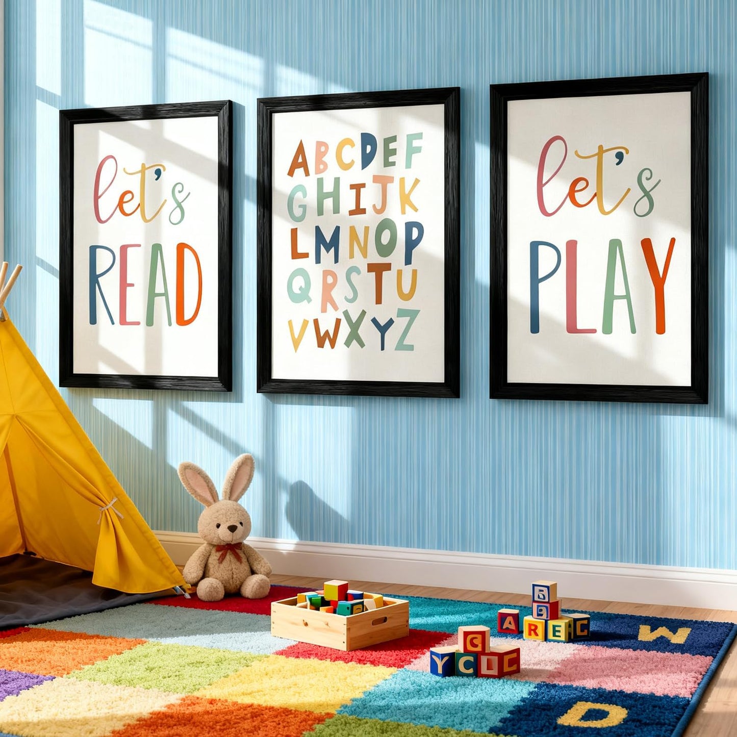 3 PCS Alphabet Numbers Framed Playroom Wall Decor, 16x11 Classroom Must Haves Kids Art Alphabet Poster, Educational ABC Wall Decor for Nursery, Classroom, Boy Girl Room, Black