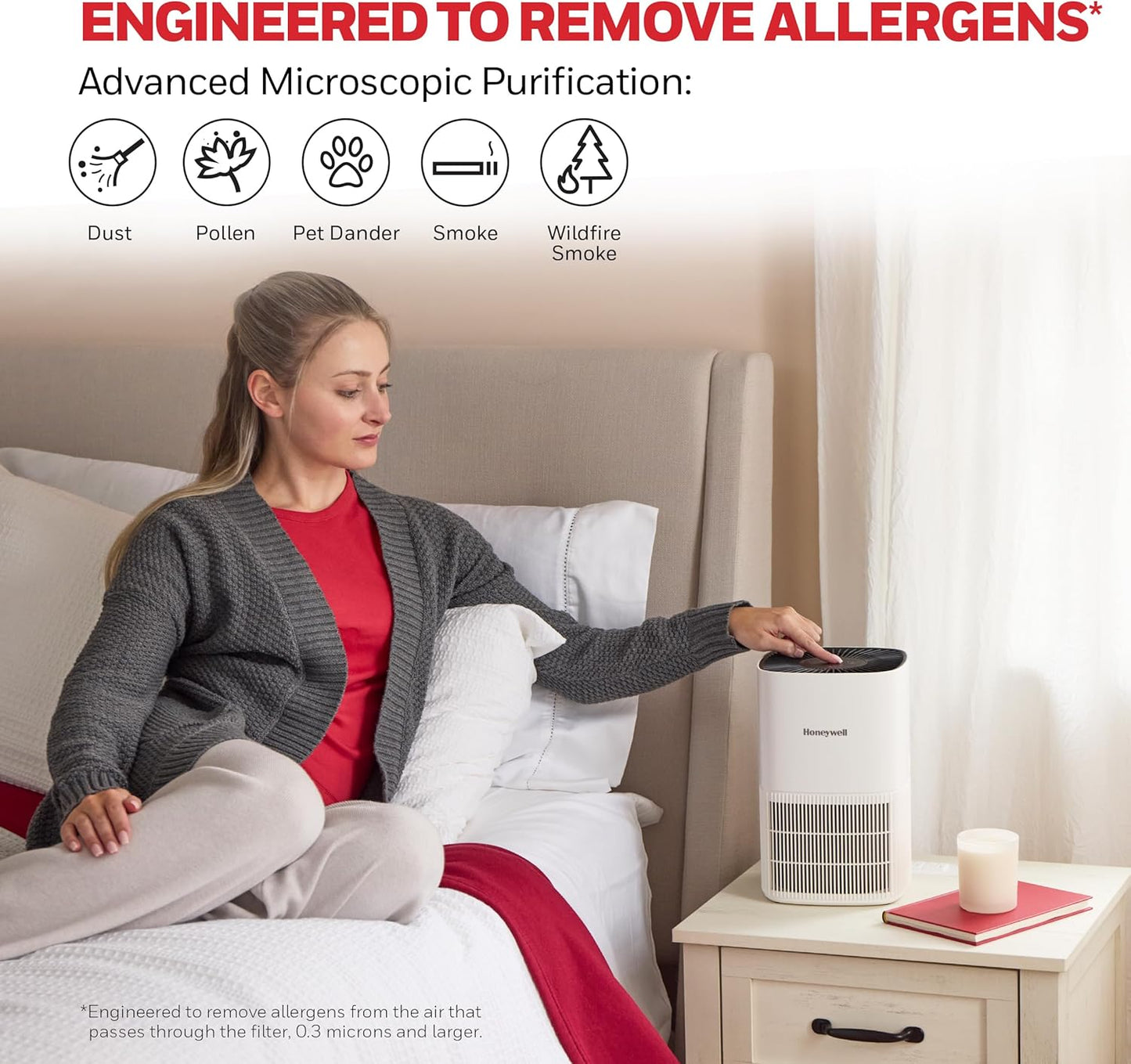 Honeywell Allergen Plus Compact HEPA Small Room Air Purifiers for Home, Up to 530 Ft² Coverage, 3-in-1 Filter, Pet Dander, Smoke & Odor Reducer Air Quality Sensor with Auto Mode, White, HPA125W
