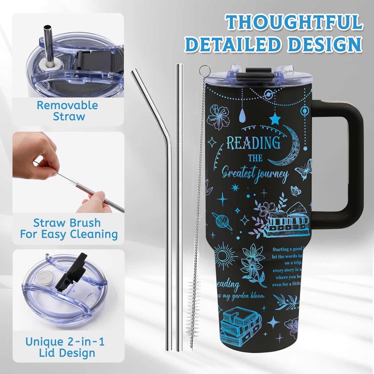 40oz Book Lover Tumbler with Handle and Straw, Insulated Stainless Steel Gift for Readers, Book Reader Gifts for Women, Christmas, Birthday Gift for Women, Friends, and Mothers