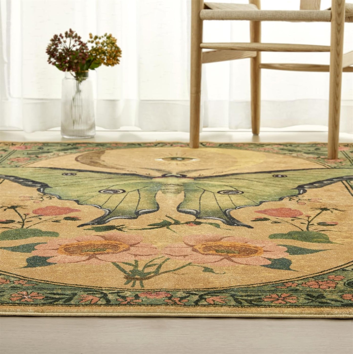 RoomTalks Country Floral Entryway Rug Non Slip Washable Luna Moth 5x7 Indoor Area Rug, Vintage Abstract Cute Aesthetic Cottagecore Accent Rug Carpet for Bedroom Dining Living Room Dorm Kitchen