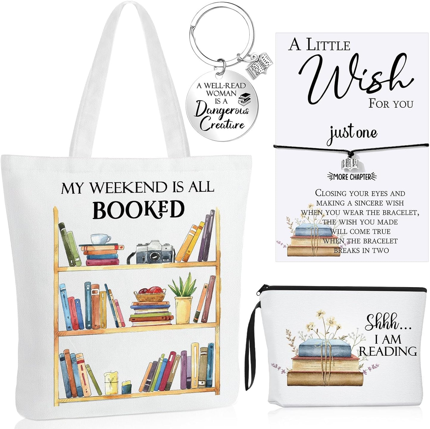 Sweetude 4 Pcs Book Lovers Gifts Sets Include Book Tote Bag, Bookworm Bracelet with Wish Card, Canvas Makeup Bag, and Bookish Keychain for Women Readers Books Lover Gifts