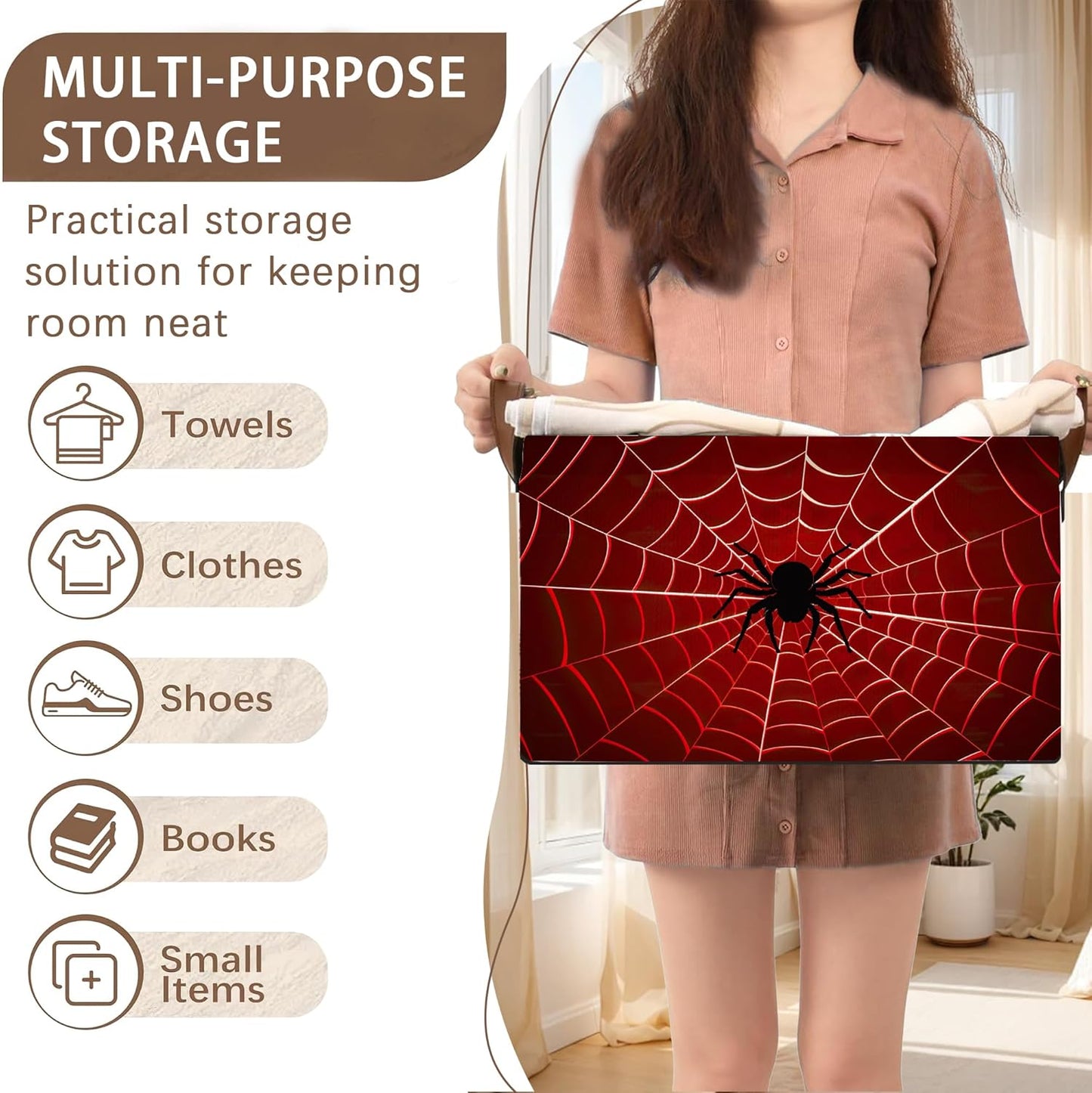 Red Spider Web Pattern Collapsible Box - 17x11.5x10.5 Inch Foldable Organizer for Seasonal Decor, Closet, Under Bed,Halloween Decor, Gothic Storage - Space-Saving Single Pack