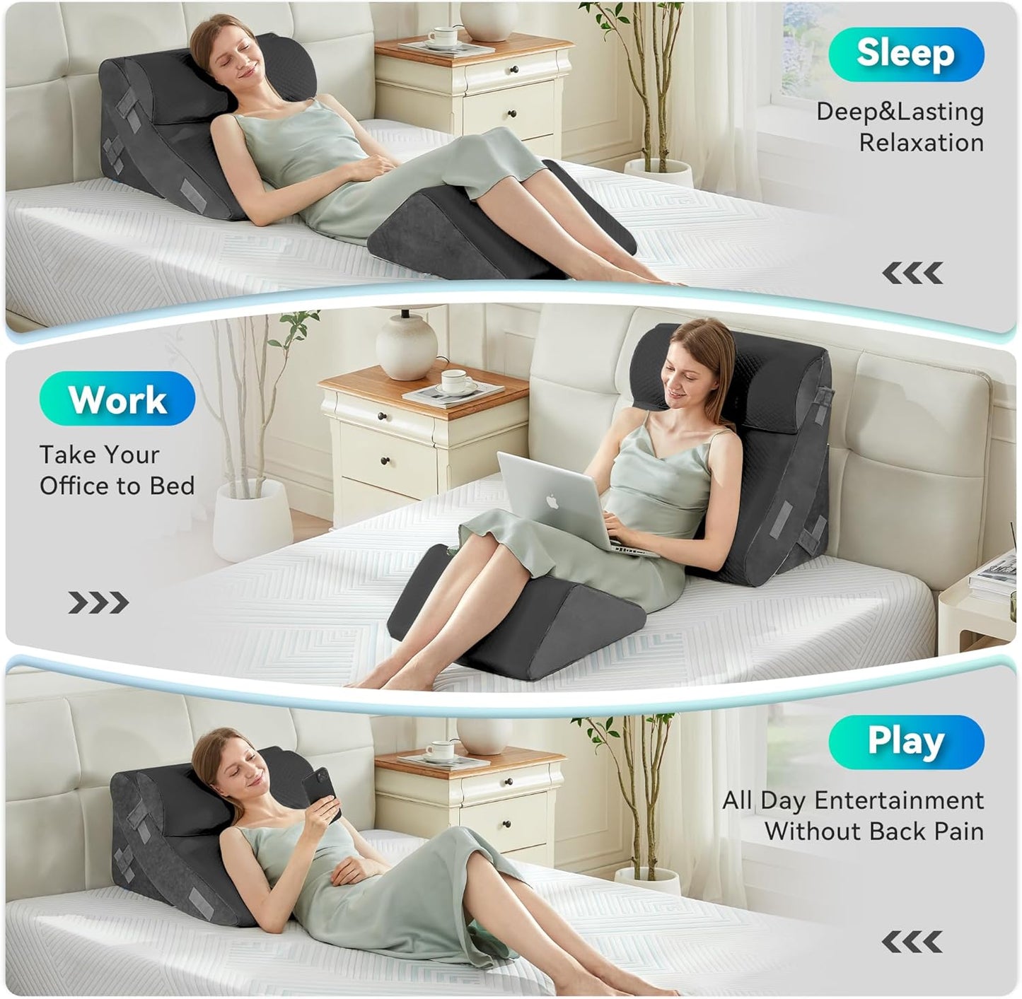 BDEUS 4PCS Bed Wedge Pillow Post Surgery, Orthopedic Sleeping Wedge Pillow Set for Back, Neck and Leg Pain Relief, Acid Reflux, GERD, Memory Foam Support Pillows for After Surgery, Grey
