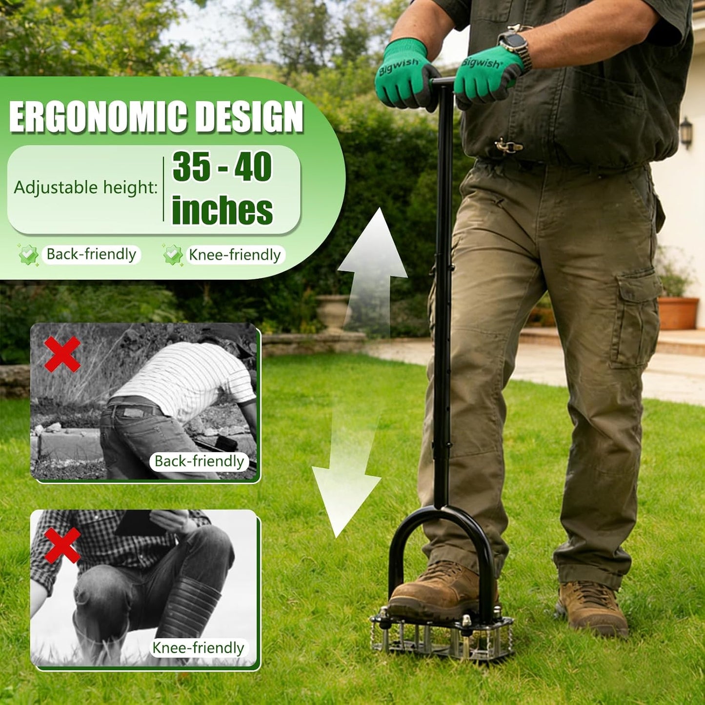 Adjustable Lawn Aerator Tool with Rebound Spring – 16 Sharp Metal Spikes Soil Aerator with Ergonomic T-Handle & Wide Foot Plate, Heavy Duty Yard Lawn Aerator for Garden Lawn Care