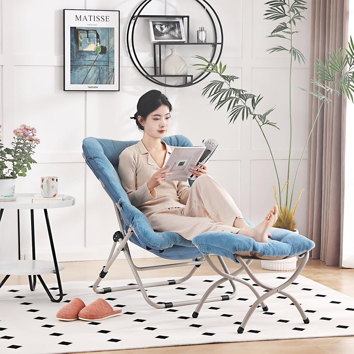 Saucer Chair with Ottoman, Comfy Oversized Folding Chair, Faux-Fur Reading Chair for Teens, Adults, Foldable Accent Lazy Chair, Metal Frame Chair for Living Room, Bedroom, Blue