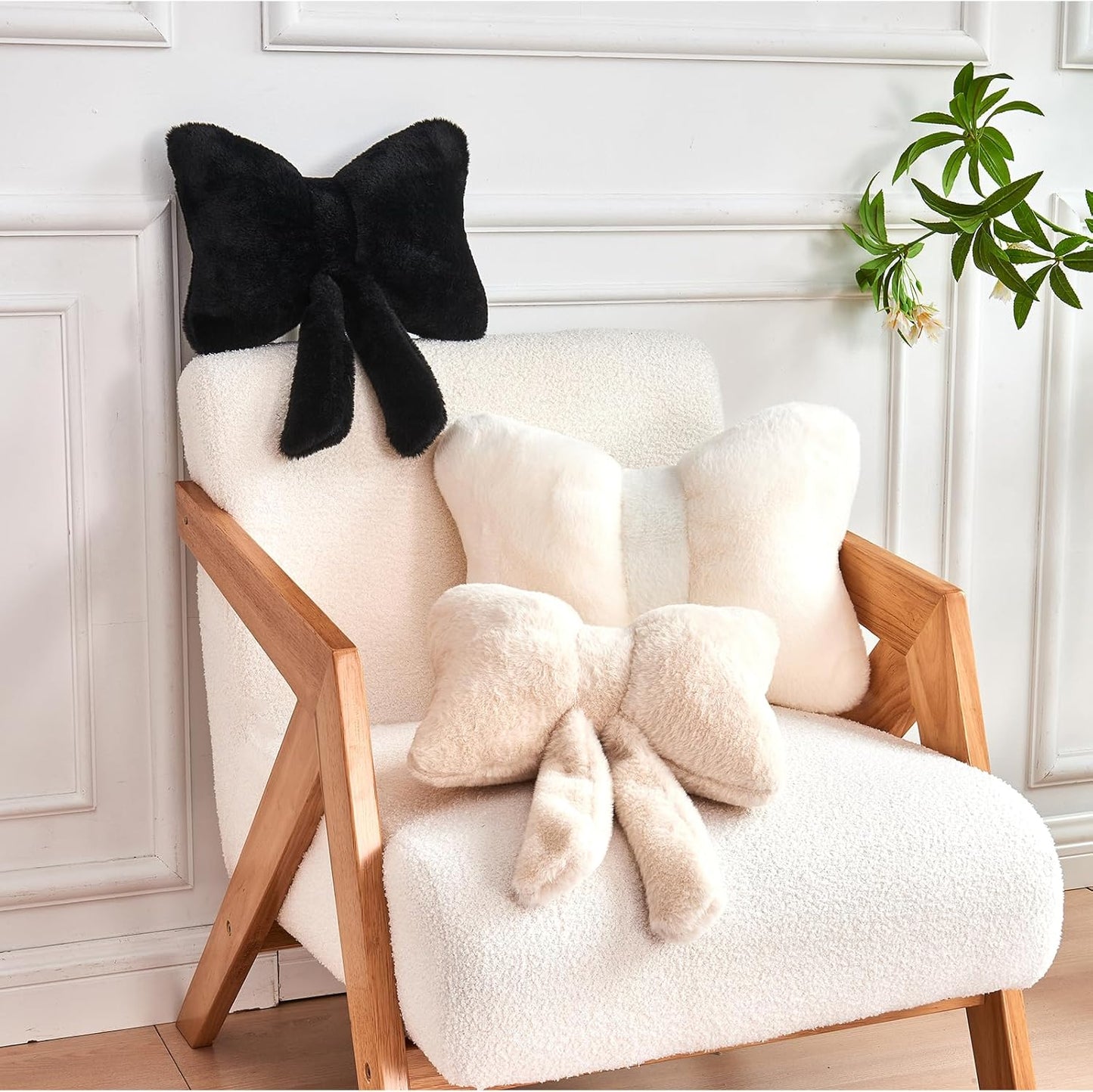 Ivory Bow Pillow, Soft Bow Decorative Pillows with Faux Rabbit Fur, Cute 12" Bow Throw Pillows, Aesthetic Home Decor Bow Shaped Plush Pillow for Bedroom Sofa Couch