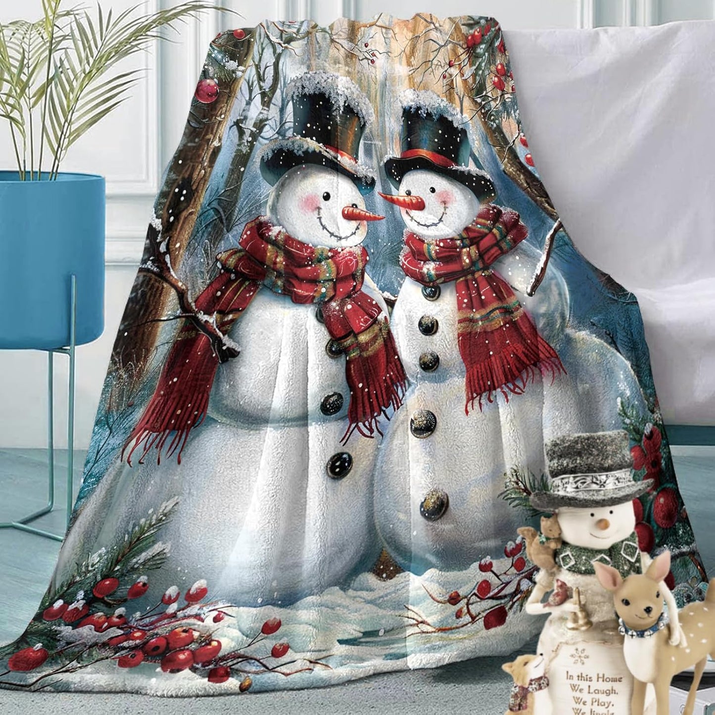 Winter Snowman Flannel Throw Blanket, for Kids Men Women, Forest Red Berry Soft Blankets for Bedding Sofa 50 x 60 Inches