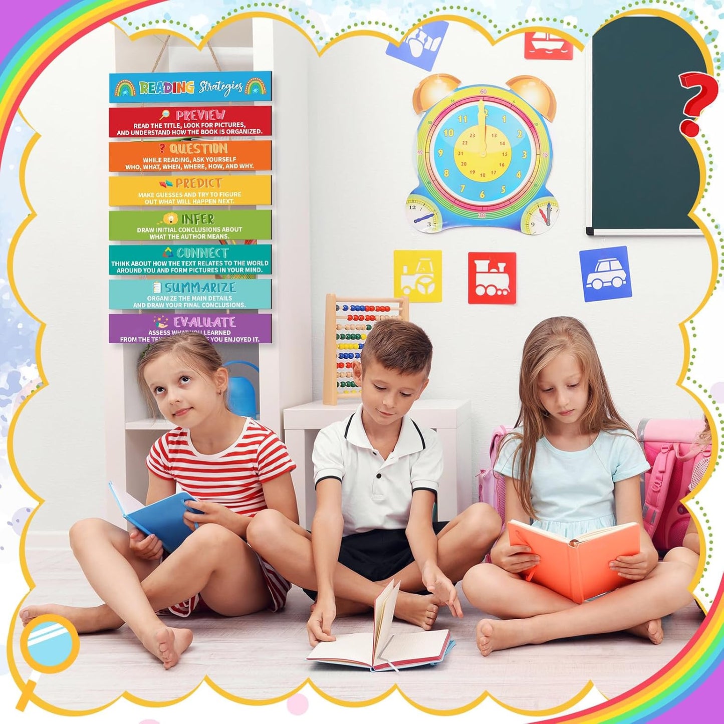 Threehoney Reading Strategies Posters Classroom Reading Corner Decor 20x13 Read Educational Bulletin Board Poster Read Comprehension Wooden Sign for Library Kindergarten Preschool Elementary Supplies