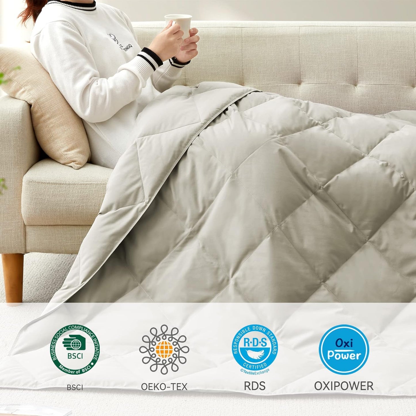 Deodar Natural Down Fiber Throw Blanket for Couch Bed Comforter Sofa Blanket Throw, Outdoor Lightweight Down Comforter Peach Skin Fabric 50"X70" Beige