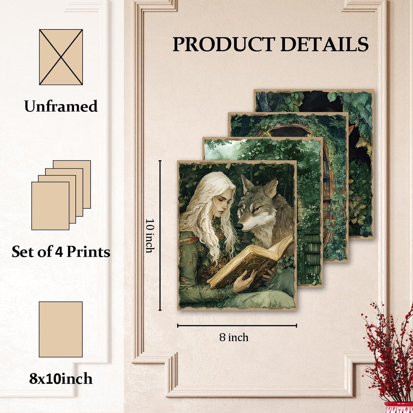 OCFMUHFP Vintage Reading Fairy Wall Art Posters Set of 4, Fantasy Reading Nook Corner Room Decor, Forest Green Bookish Prints Artwork for Library Book Store Club Wall Decor 8x10 Unframed
