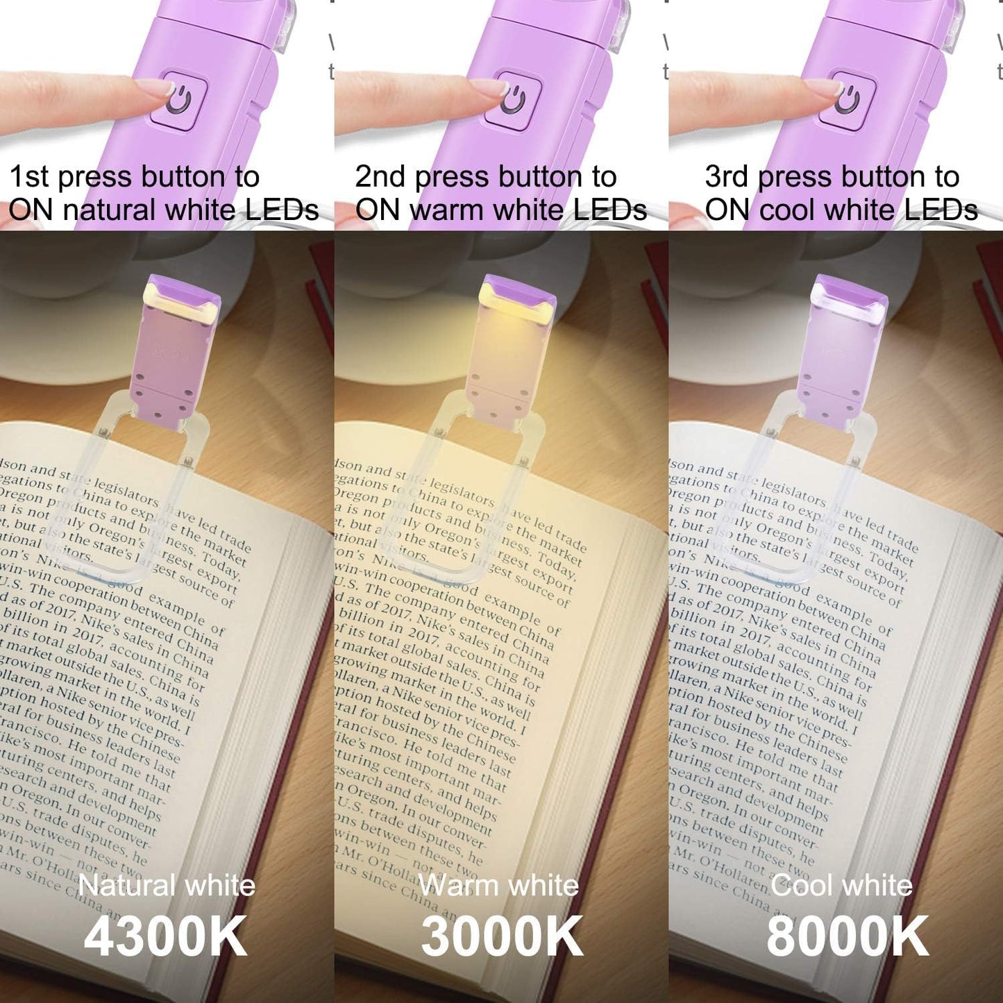HONWELL Rechargeable Book Light, Clip On LED Reading Lights for Kids Reading in Bed, 3 Brightness Levels Dimmable Bookmark Light for Eye-Protection, Portable Reading Lamp for Bookworms, Travel(Violet)