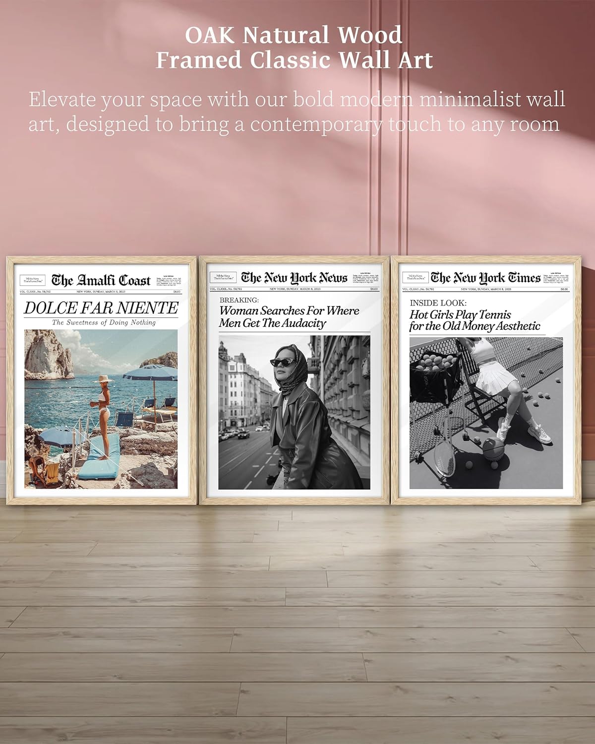 iHery Natural OAK Wood Newspaper Trendy Framed Wall Art, 12x16 in Vintage Headline Canvas Print, Woman Searches for Where Men Get The Audacity Poster, New York News Beige Frame Logs Retro Set of 1