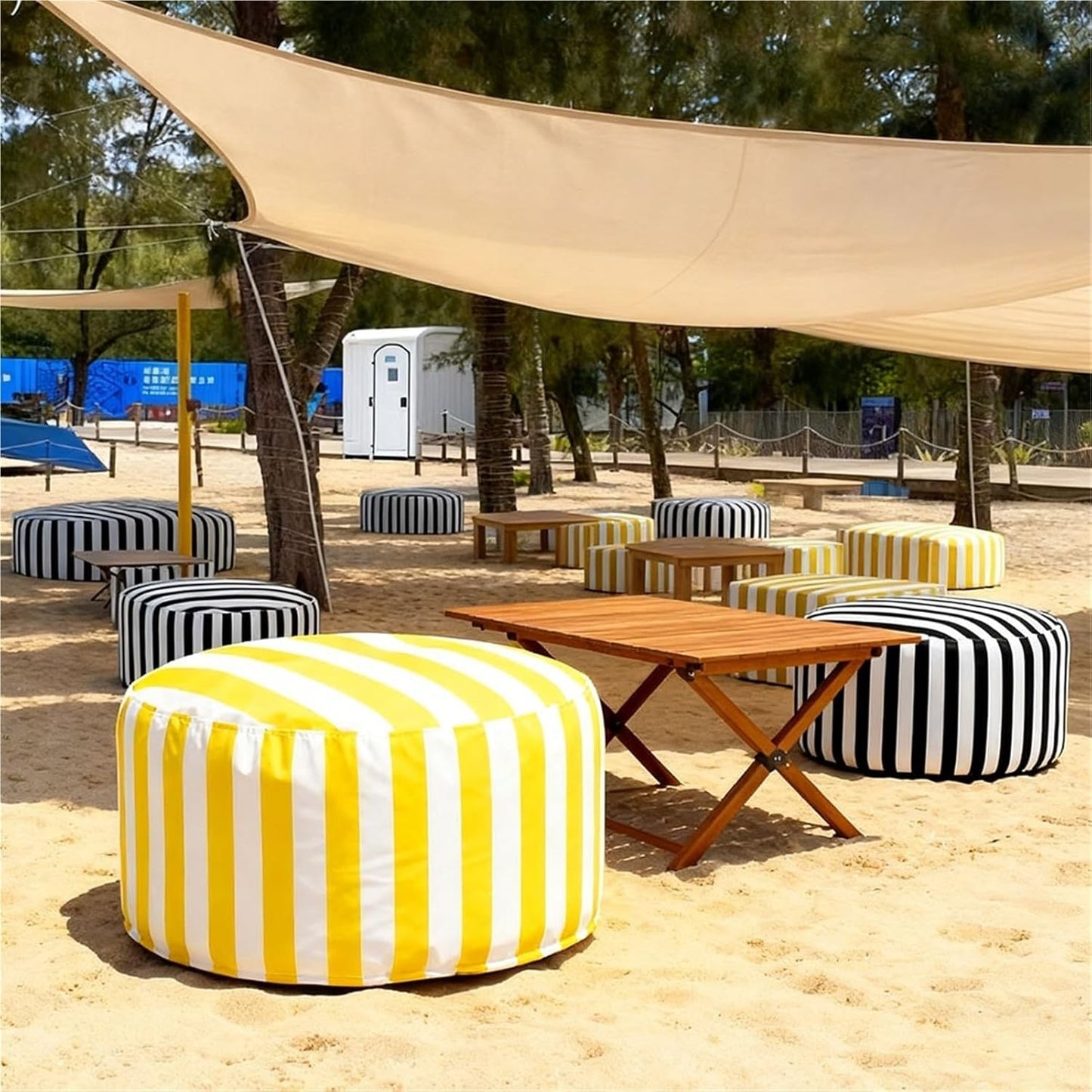 Outdoor Waterproof Round Stripe Pouf Ottoman Cover Footstool Without Filler Beach Garden Beanbag Pouf Puff Salon Floor Seat Futon Stool Bench Swim Pool Ottoman Footrest Stool(Lightgrey)