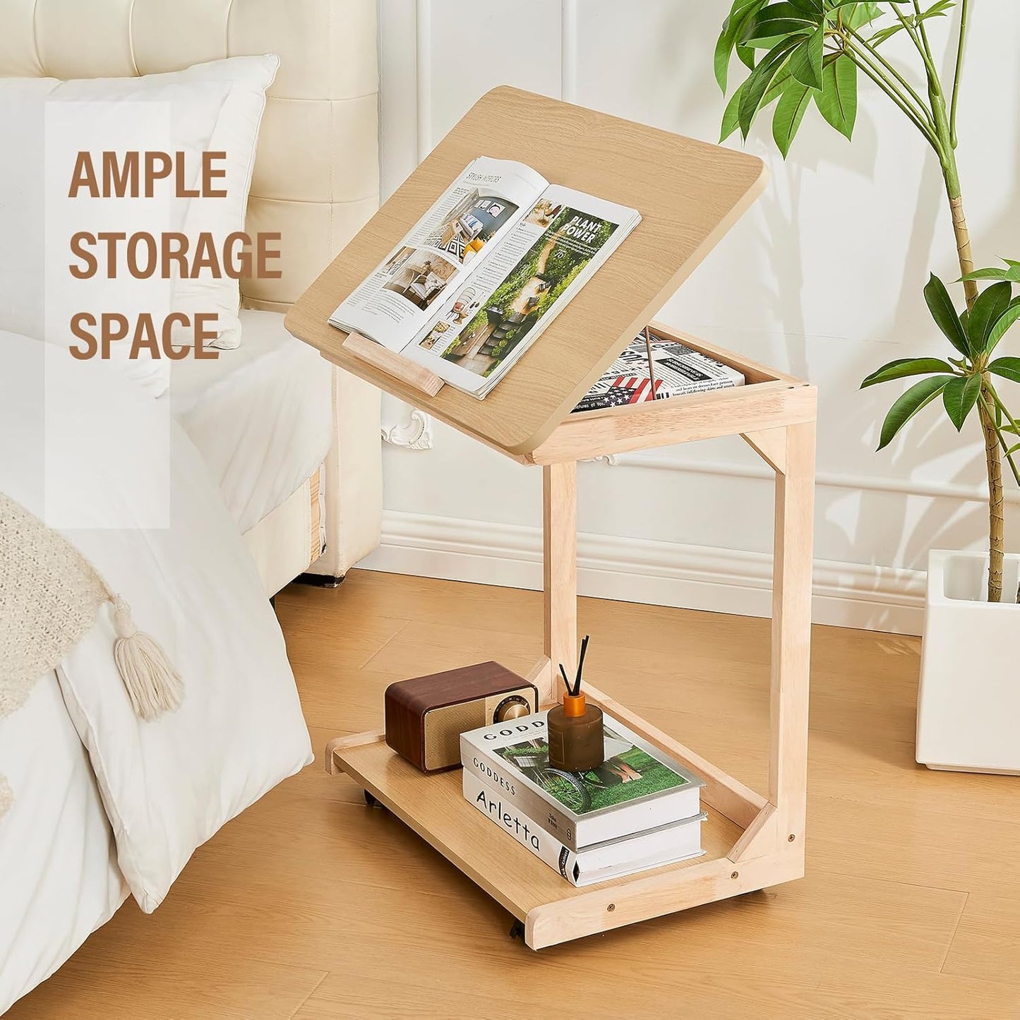 DUOMING Small Laptop Table with Wheels - Rolling Laptop Side Table Desk for Couch, Bedside Table Bedroom, Wooden TV Tray for Living Room, Natural
