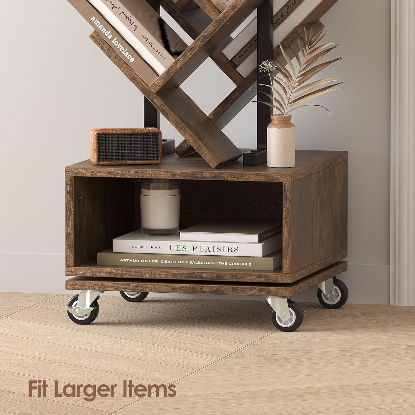 14-Tier Tree Rotating Bookshelf, 360 Degree Spinning Retro Floor Standing Bookcase with Storage Cabinet for Magazines DVDs Books for Small Spaces in Bedroom Living Room Home Office, Rustic Brown