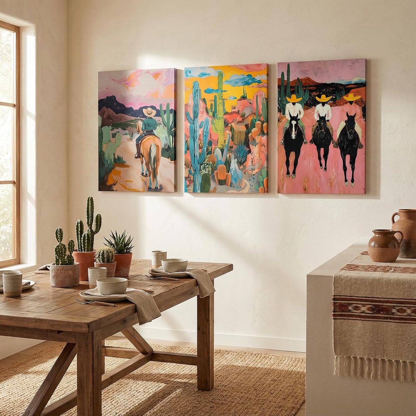 3pcs Western Cowboy Canvas Wall Art Abstract Cowboy Desert Cactus Wall Decor Pictures Vintage Wild Southwest Posters Prints Artwork for Living Room Bedroom Home Paintings Decoration Prepare To Hang