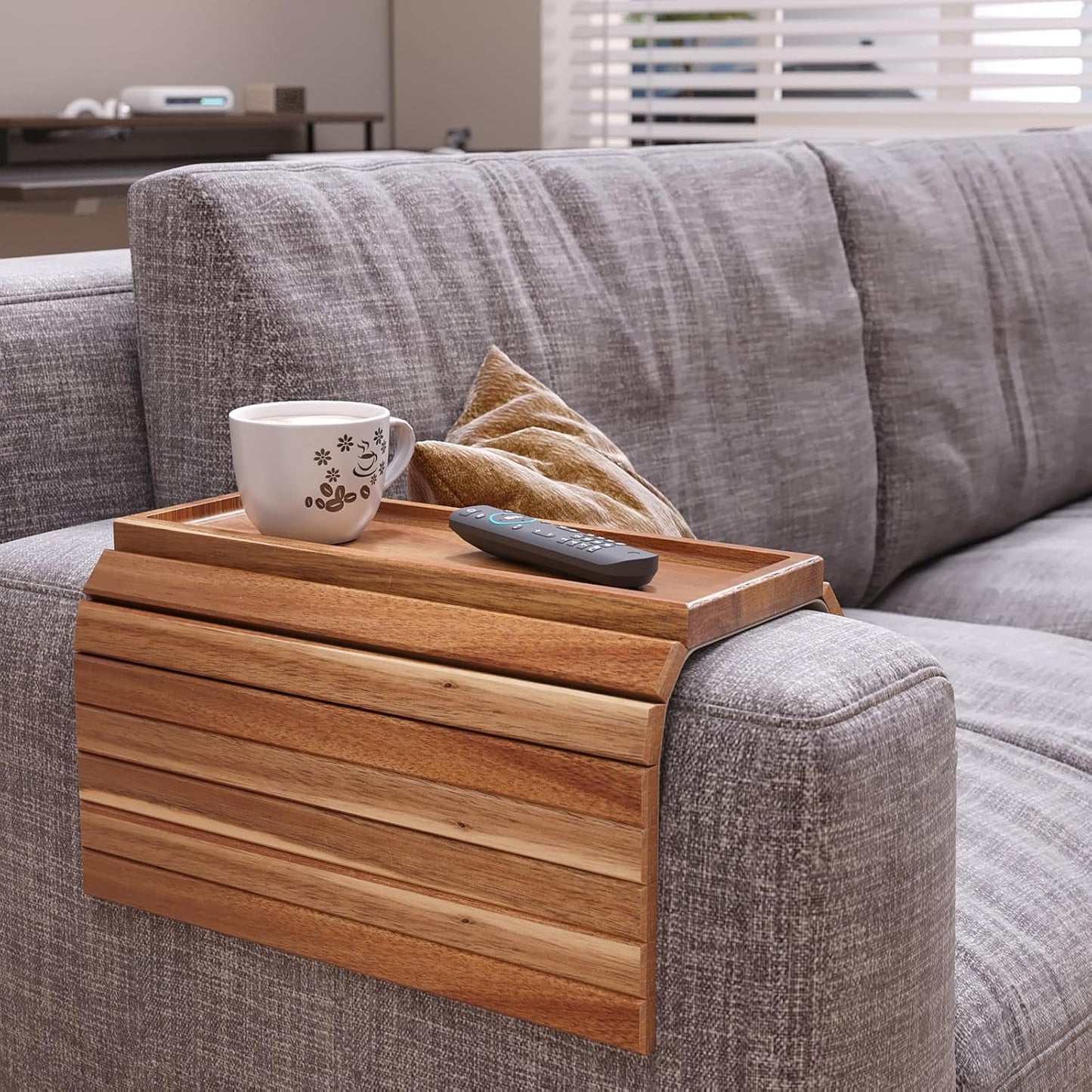 Sofa Arm Tray,Acacia Wood Folding Couch Arm Tray,Sofa Armrest Trays with Anti-Slip Pad for Drinks,Snacks,Phone,Remote Control